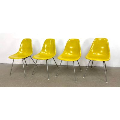 Set 4 CHARLES EAMES for HERMAN MILLER Herman Miller Fiberglass Side Chairs. Yellow Dining Chairs wit