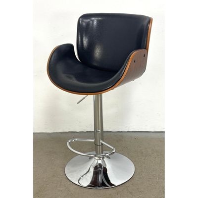 Mid-Century Modern style adjustable height swivel bar stool with bentwood frame and black upholstery