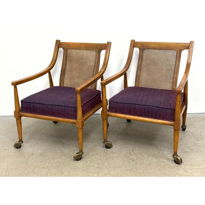 Pair of Mid-Century Modern Cane Back Lounge Armchairs on Brass Hooded Casters with Purple Upholstery