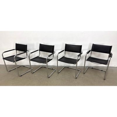 Set of 4 Bauhaus Modernist Cantilever Armchairs in Chromed Steel and Black Leather. A Marcell Breuer