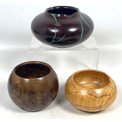3pc lot of Chris Zema Hand Turned Wood Vessels including Manzanita Burl with Turquoise Inlay and Spa