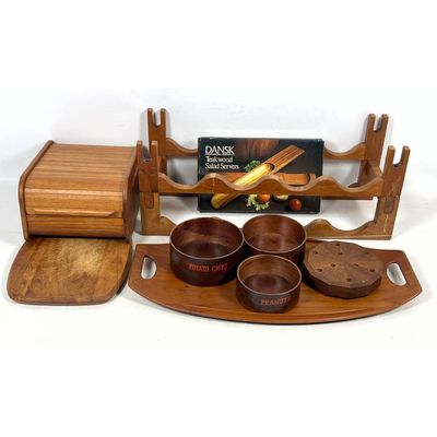 Mid Century Tableware Lot. Danish Modern Teak Accessories, Wine Rack, Dansk Tray, Salad Servers, Ros