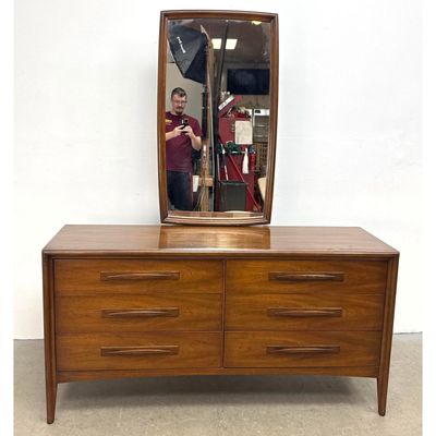 Broyhill Premier Emphasis Walnut 6 Drawer Lowboy Dresser Chest with Matching Vertical Framed Mirror