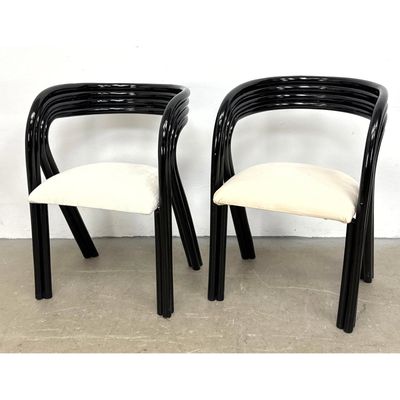 Pr Axel Enthoven high gloss black lacquer bentwood armchairs. Waterfall multi slat design.