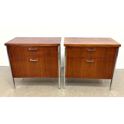 Pair Mid Century Modern Walnut and Chrome Side Table Nightstands with Unique Polished Chrome Frames