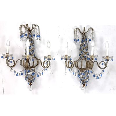 French Beaded Crystal Wall Sconces.  Clear and Blue. Swirl design.