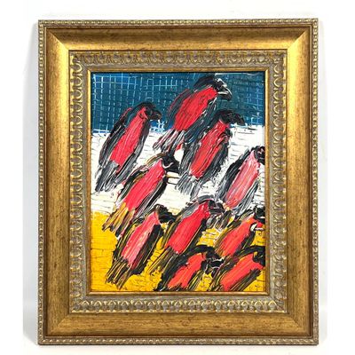 Hunt Slonem Oil Painting on Panel titled Red Tanangers Go. Expressionist Birds. Signed and Dated 2025 on Verso. Ornate Gilded Frame.