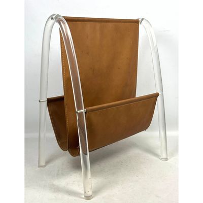 Mid Century Modern Acrylic Double Sling Magazine Rack. Unsigned. arched design.