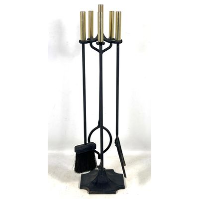 5pc ADAMS CO Fireplace Tool Set. Polished Brass Handles on Black Iron Tools and Stand. Marked.