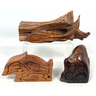 3pc Lot Hand Carved Wood Puzzle and Trinket Boxes with Burl Wood Dolphin and Natural Form Log Design