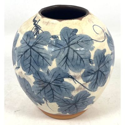 Kato Yoshiharu Globular ceramic vase with hand painted blue grape leaf decoration and crackle glaze.