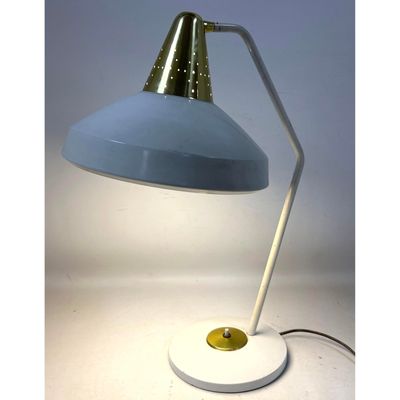 Swivelier Company Inc. Mid Century Modern White Metal Desk Task Lamp with Perforated Brass and Spun