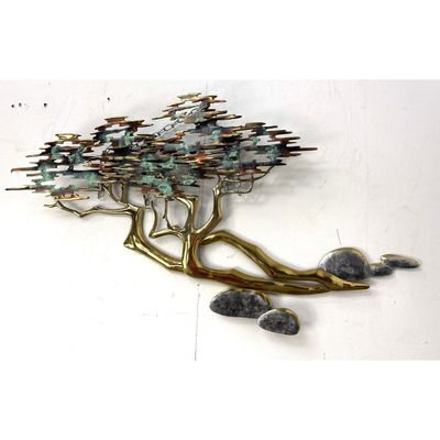 Bijan Mid Century Modern Brutalist Brass Bonsai Tree Wall Sculpture with Verdigris Patina.