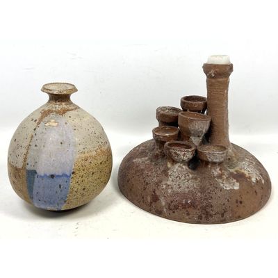 2pc Studio Stoneware Ceramic Pieces. Globular Drip Glaze Vase. 2).  Multi Spouted Lava Glaze Candela