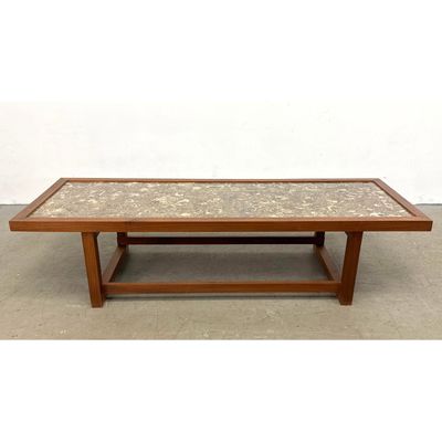 Mid-Century Modern Custom Crafted Coffee Table with Inset Fossilized Stone Top and Hardwood Sled Bas