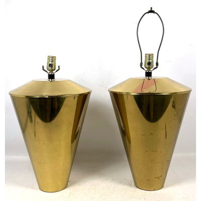 Pair Vintage Brass Spherical Triangular Tapered Table Lamps. Polished brass, Hollywood Regency MCM s