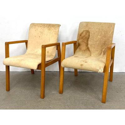 Vintage Mid Century Pair of Alvar Aalto Hallway Stacking Upholstered Blonde Wood Arm Chairs' Model 4