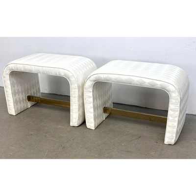 Pr Waterfall Vanity Benches. Harlequin Patterned Off White Damask with Brass Toned Stretcher Bars