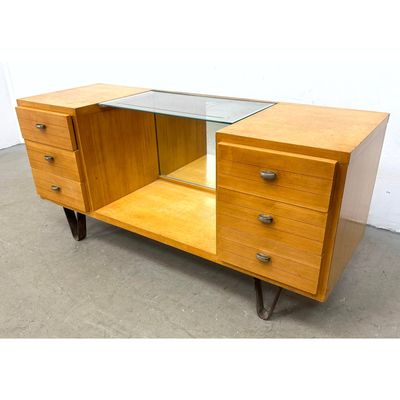 American of Martinsville Mid-Century Modern 6 Drawer Wood Vanity with Recessed Glass Top and Mirrore