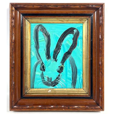Hunt Slonem oil on panel painting titled AQUA featuring a black rabbit on a turquoise background dat
