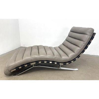 Modernist Steel Framed Wave Lounge Chair in Gray Leather.