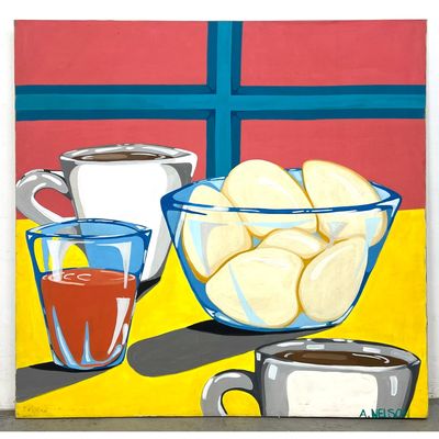A. Nelson large-scale contemporary still-life painting, executed in acrylic on canvas, features a gr