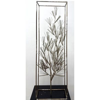 Signed C. JERE Brutalist Metal Sculpture Stylized Pine Tree in Rectangular Cage Frame Signed Curtis