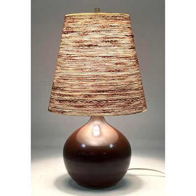Danish Modern Gunnar and Lotte Bostlund Glazed Ceramic Table Lamp with Rope Wrapped Fiberglass Shade
