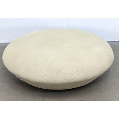 Large WENTZ Baixo Pouf in Tan Mesh Fabric Upholstery. Ottoman. Footstool on short Feet. Label.