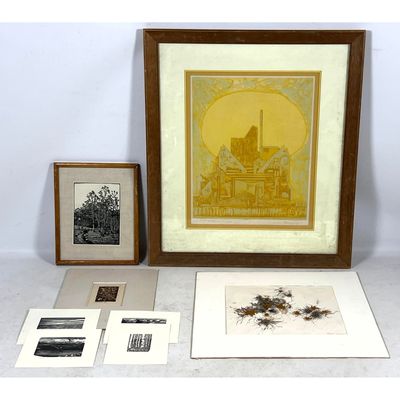 Group of 10 Artworks featuring 9 original prints and one mixed media work. The primary piece is a la