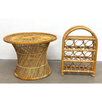 Two Piece Woven Rattan Hourglass Pedestal Side Table and Bentwood Bamboo 9 Bottle Wine Rack. Boho st