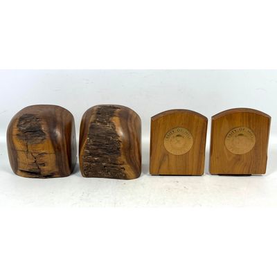 2 sets Artisan Exotic Wood Bookends from Hawaii, Signed, and University of Michigan Brass Medallion