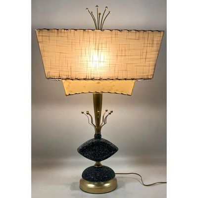 Rembrandt Mid-Century Modern Atomic 2 Tier Fiberglass Shade Table Lamp with Spatter Painted Ceramic Base and Starburst Finial