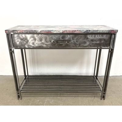 Industrial Modern Brushed Steel Console Server Table with Polished Conglomerate Stone Top and Slatte