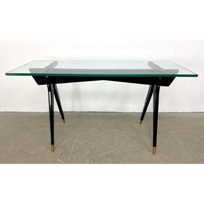 Ebonized Wood Console Table with Glass Top and Brass Accents. Ico Parisi Style Design.