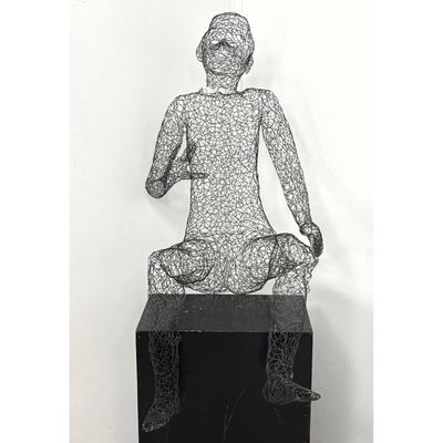 Artisan Life Size Wire Sculpture of Seated Man. Pedestal Not included.