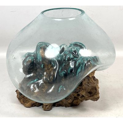 Hand blown molten art glass bowl slumped over natural wood root base sculptural terrarium vessel