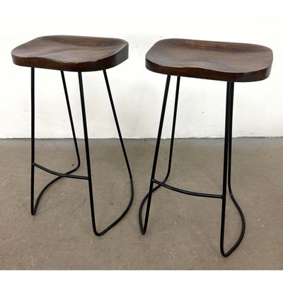 Pair of Contemporary Industrial Style Saddle Seat Bar Stools with Black Iron Frames