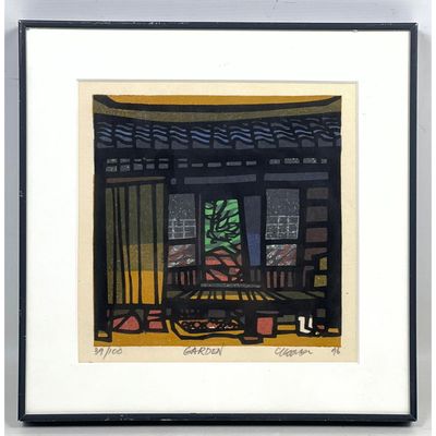 Clifton Karhu multi color woodblock print titled GARDEN pencil signed and dated 1976. Numbered 39/10