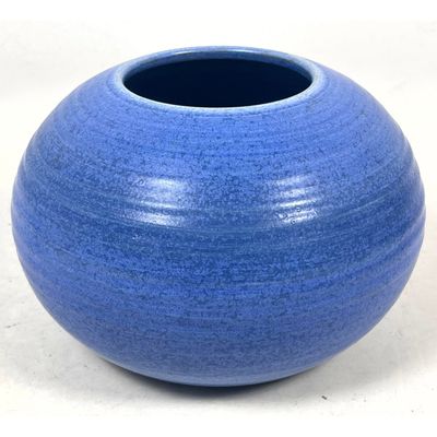 Mobach Dutch Art Pottery Globular Ribbed Vase in Mottled Blue Glaze. Signed and Numbered.