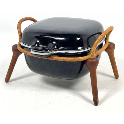 Danish Modern Jens Quistgaard Anker-Line  Black Enameled Cast Iron Sauce Pan w/ Rattan Stand