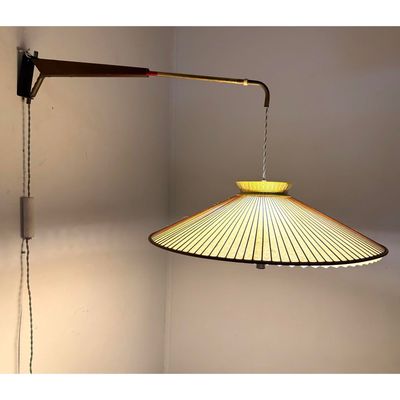 Mid Century Modern Telescoping Swing Arm Wall Sconce Swag  Lamp with Large Pleated Coolie Shade and