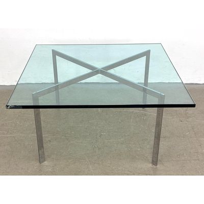 Barcelona Style Square Glass and Polished Steel Coffee Table. Unsigned. Heavy construction possibly