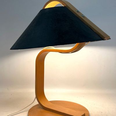 Domus Mid-Century Modern Bentwood Plywood Table Lamp with Conical Textured Shade and Circular Base