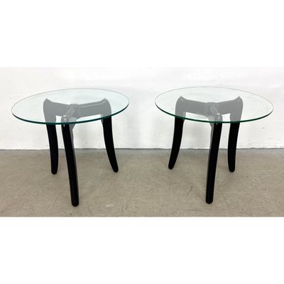 Pair Postmodern Style Black Finished Wood and Glass Tripod Side Tables. Bases are reversible dependi