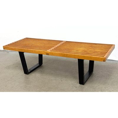 Early Vintage George Nelson Herman Miller Blonde Wood Slat Bench, Label.