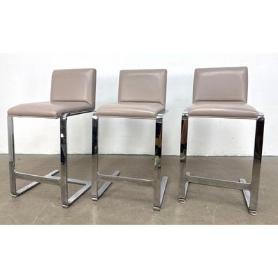 Set 3 Gordon International Chrome Cantilever Bar Stools with Taupe Upholstery. Signed with label.