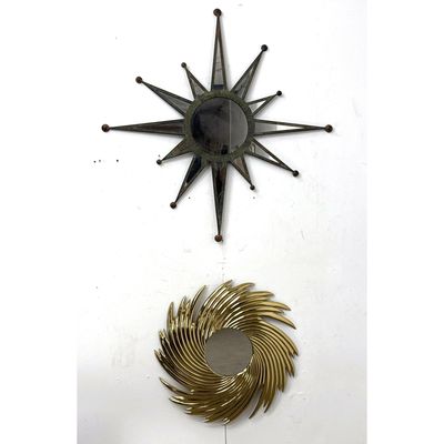 Two Modernist Wall Mirrors.  Multi-Point Patinated Metal Star and a Gilt Brass Swirled Hurricane Sun