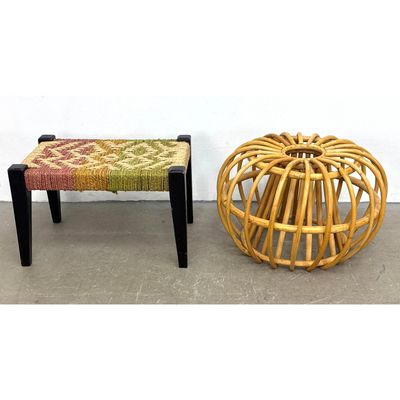 2pc Mid-Century Modern style lot including a tricolor woven jute footstool and a rattan globe ottoma