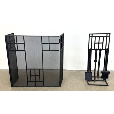 5pc Mission Style Black Finished Metal Fireplace Screen and Matching Tool Set.  Frank Lloyd Wright i
